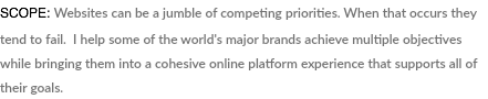 SCOPE: Websites can be a jumble of competing priorities. When that occurs they tend to fail. I help some of the world's major brands achieve multiple objectives while bringing them into a cohesive online platform experience that supports all of their goals.